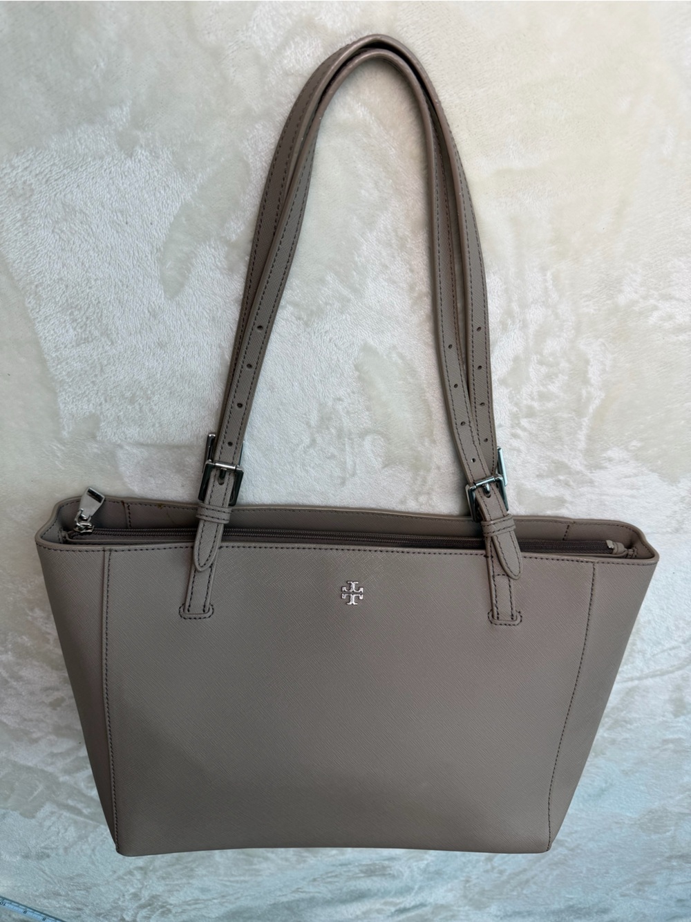 Tory Burch Beige Saffiano Leather Double-Handle Tote